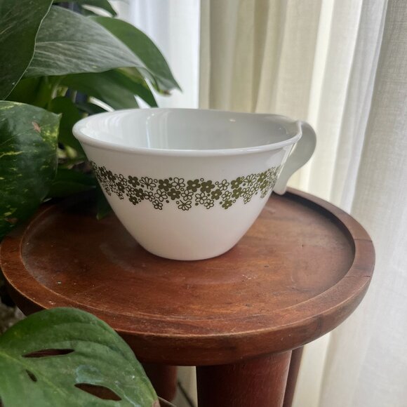 Other - Vintage Green Floral Milk Glass Teacup 2 | 1960s Kitchen Decor | Cottage Kitchen